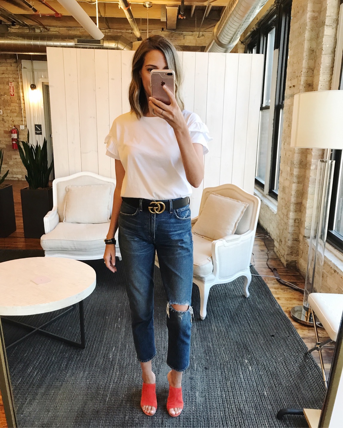 WHBM top, Citizens of Humanity jeans, Gucci belt, M Gemi mules #ootd WHBM top, Citizens of Humanity jeans, Gucci belt, M Gemi mules #ootd