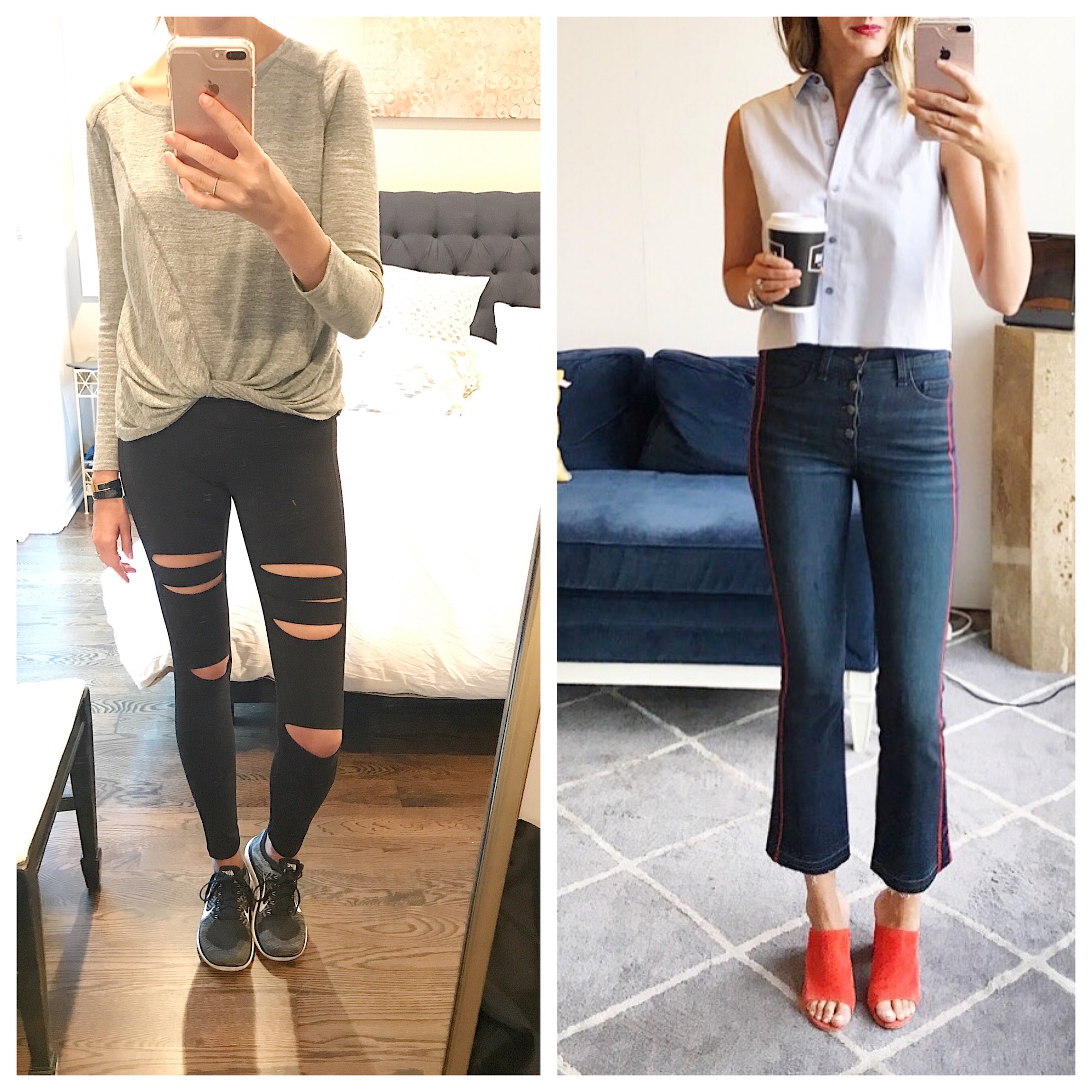 outfit 1: Zella top, Zella pants, Nike shoes outfit 2: T by Wang top, Veronica Beard jeans, M Gemi mules