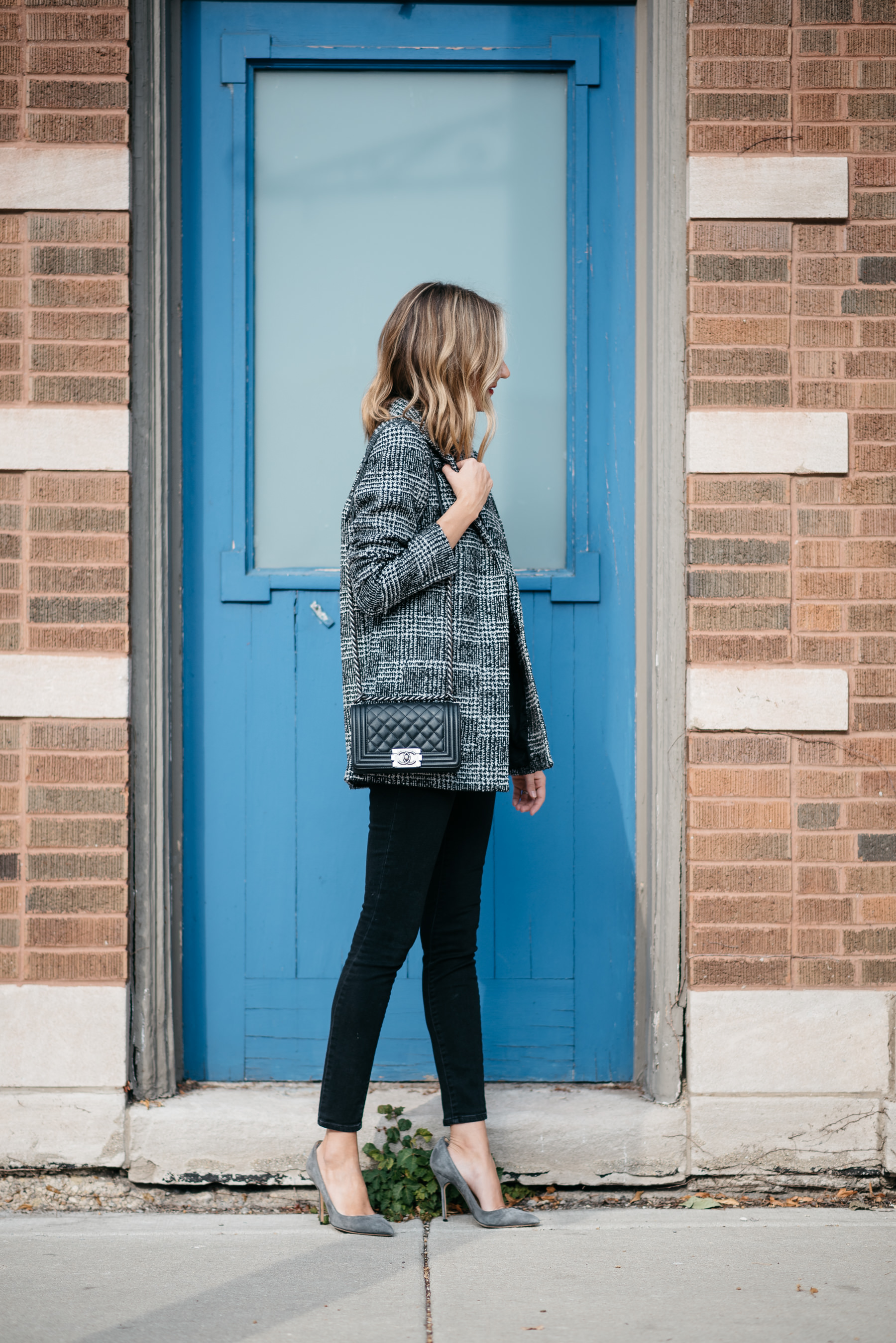 plaid boyfriend check blazer outfit chanel boyfriend bag manolo bb plaid boyfriend check blazer outfit