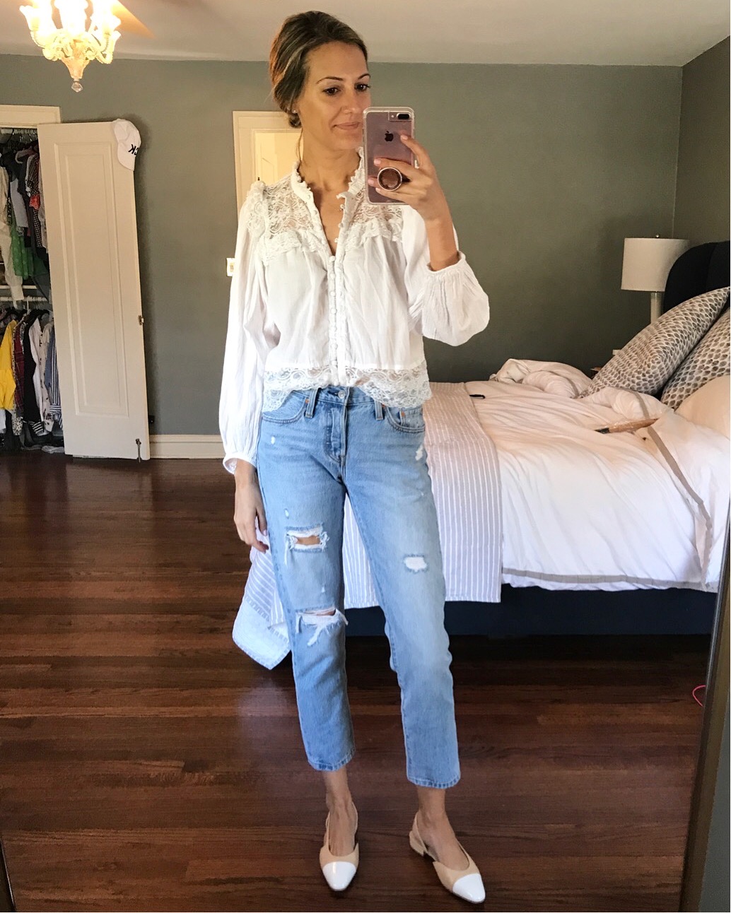 lace top jeans chanel flats