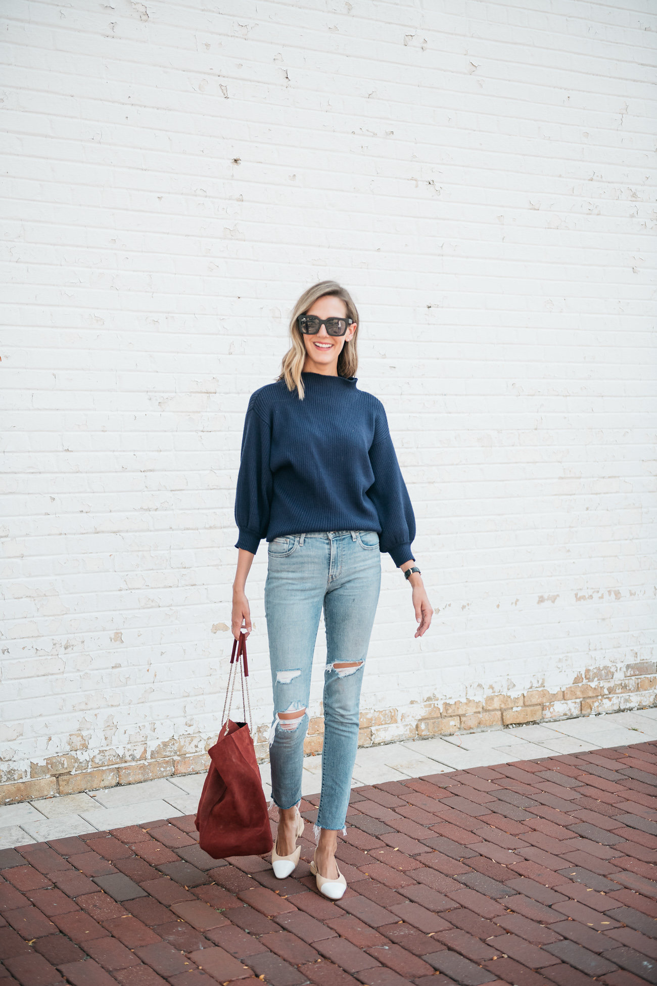 line dot sweater style classic jeans balloon sleeve sweater