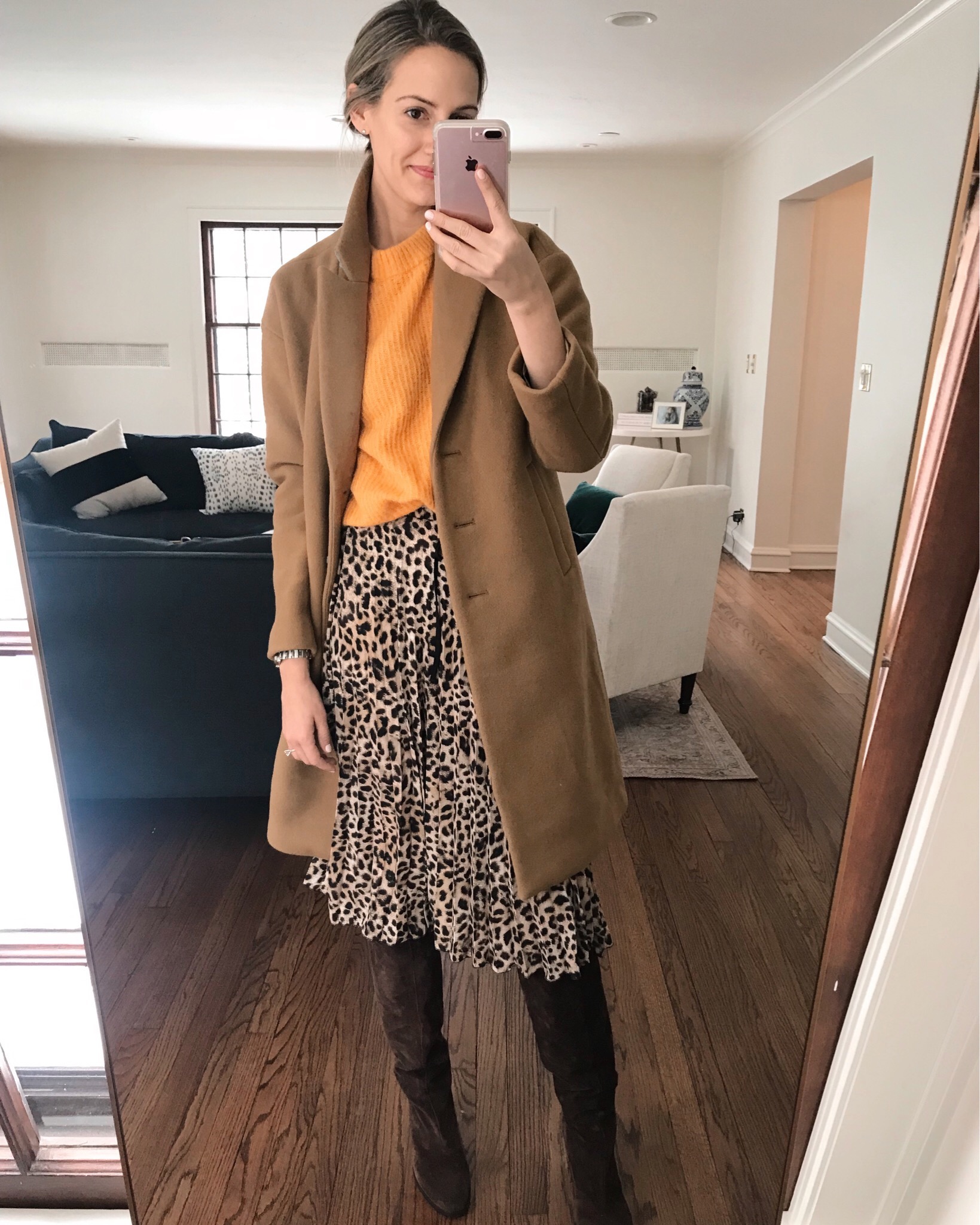 how to style camel coat leopard