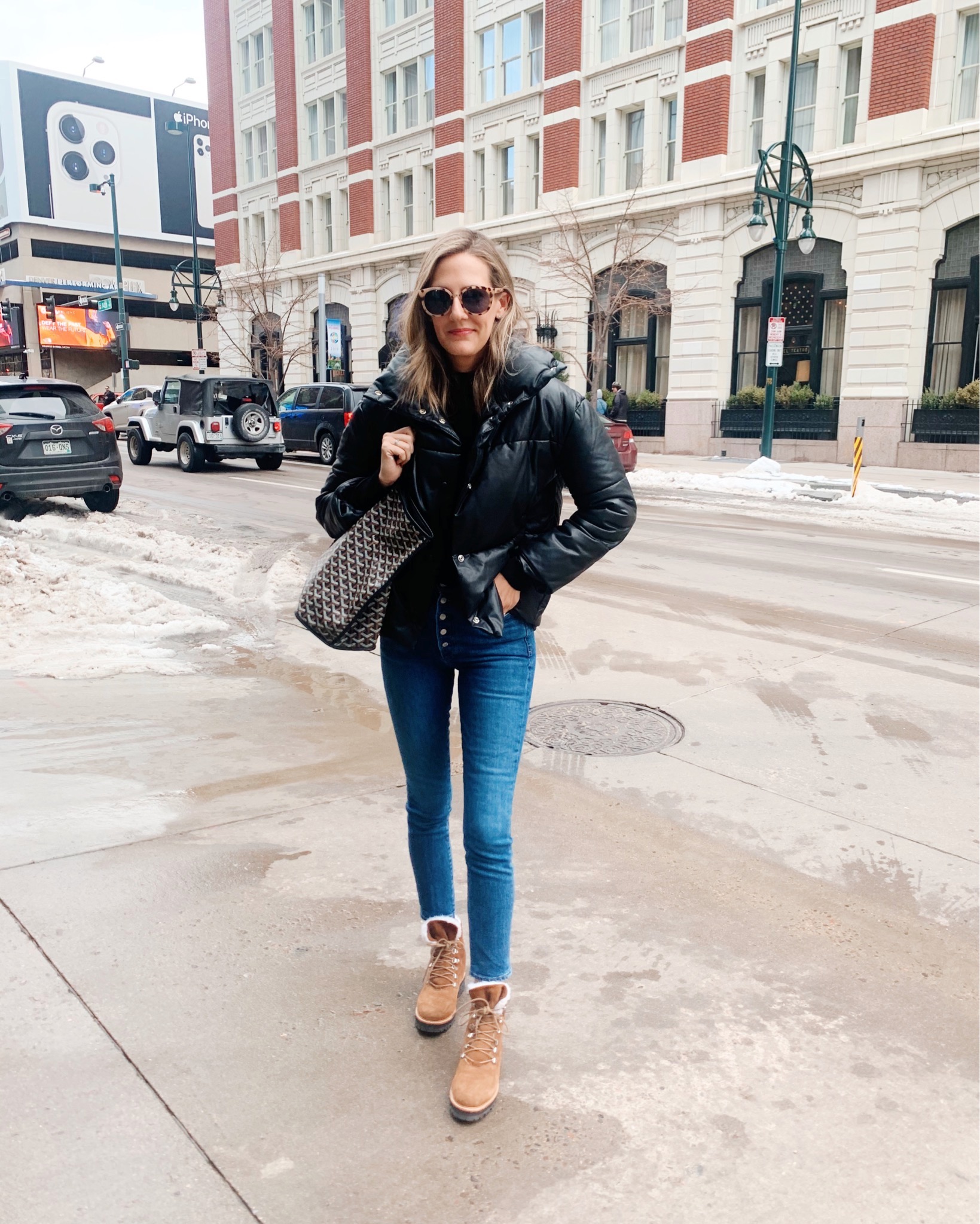 woman sharing her Real outfit recap Date Nights in leather jackets and jeans