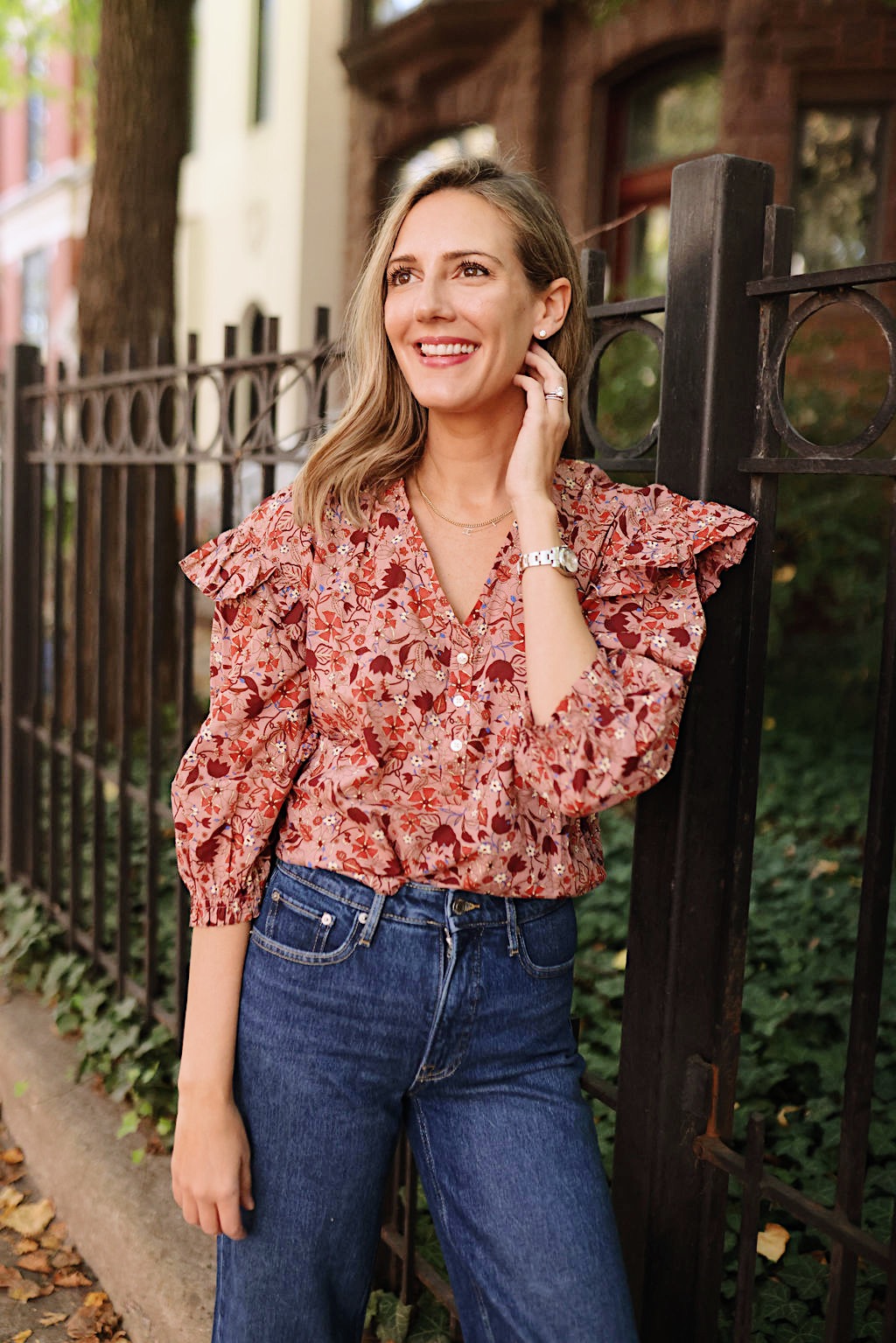 woman in floral top