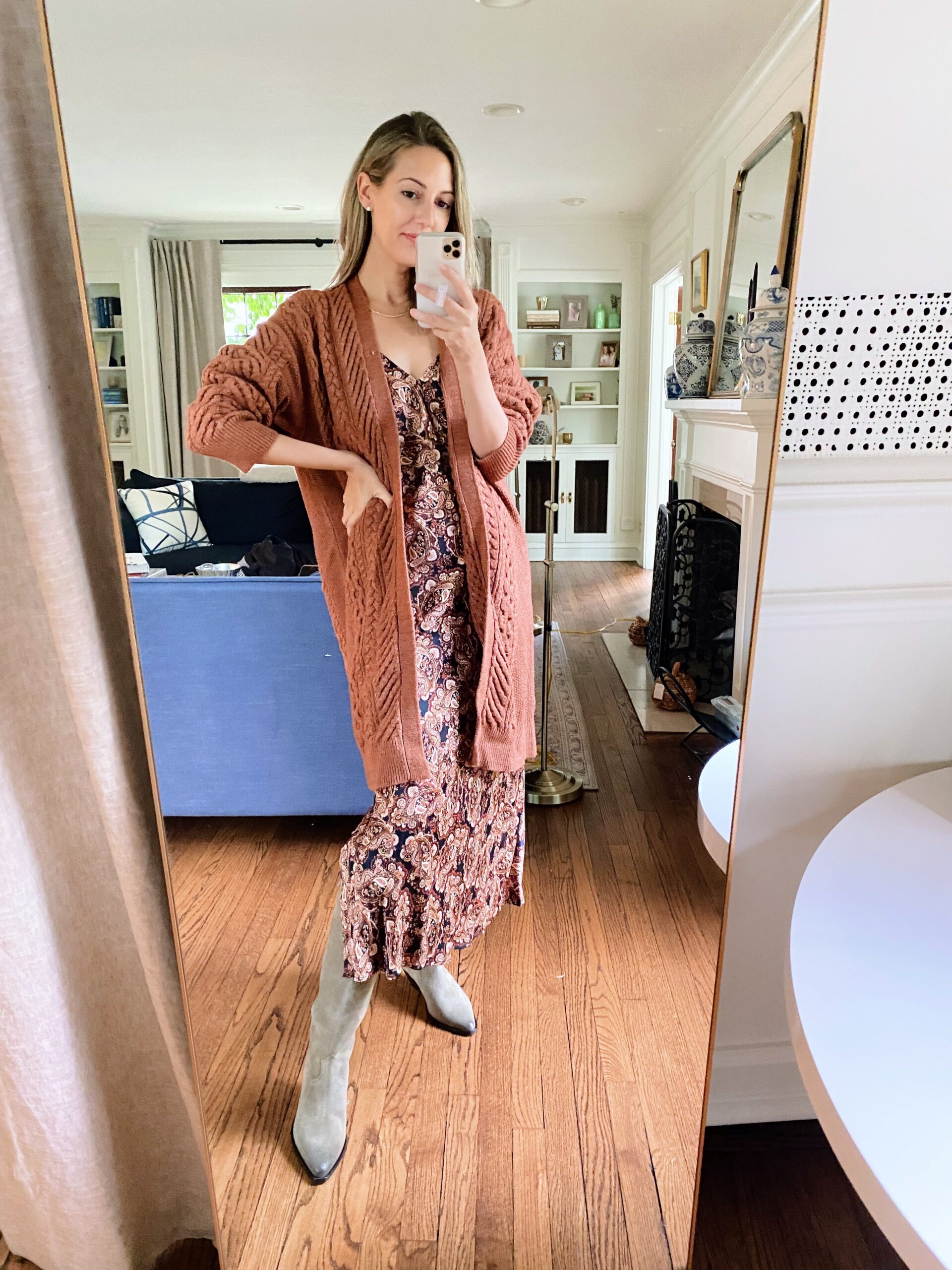 woman wearing maxi dress and cardigan and boots from Target Tuesday